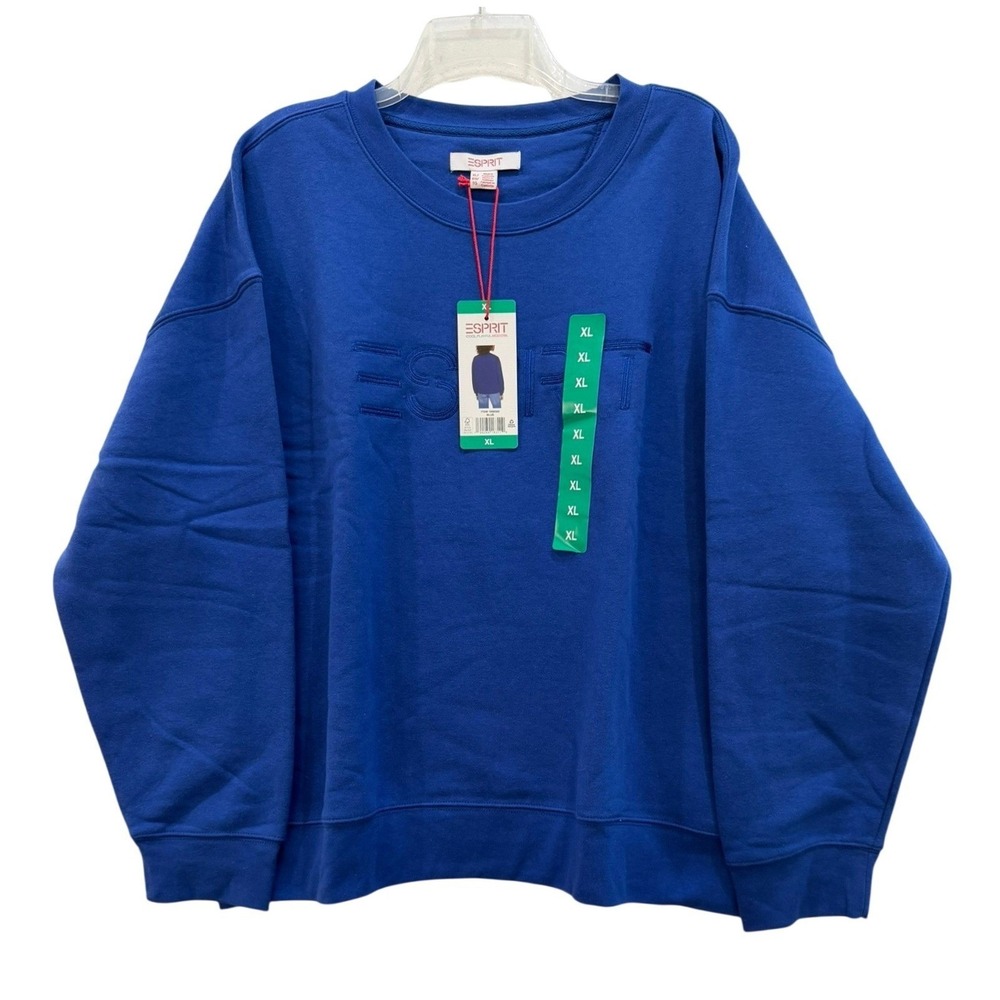 Esprit Royal Blue Embroidery Logo Crewneck Fleece Sweatshirt Retro Sz XL NWT